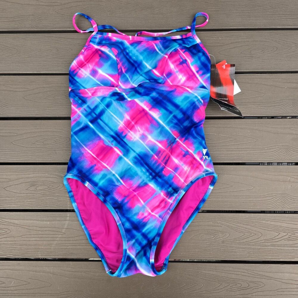 TYR Swimsuit Womens Blue/pink Baja Plaid Reversible Diamondfit Sz S New